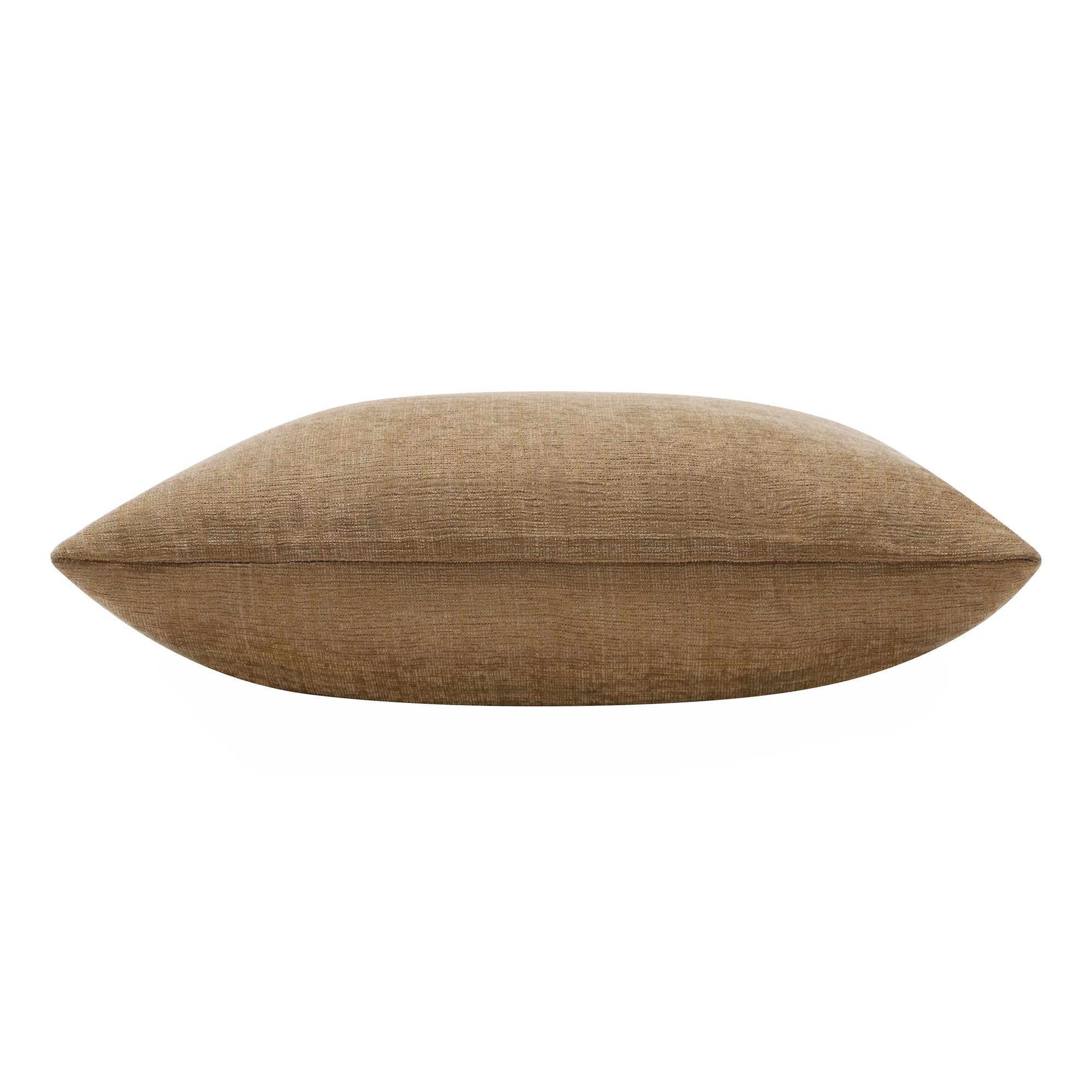Side profile view of the plush camel Miles woven throw pillow highlighting its thickness and soft fabric texture.