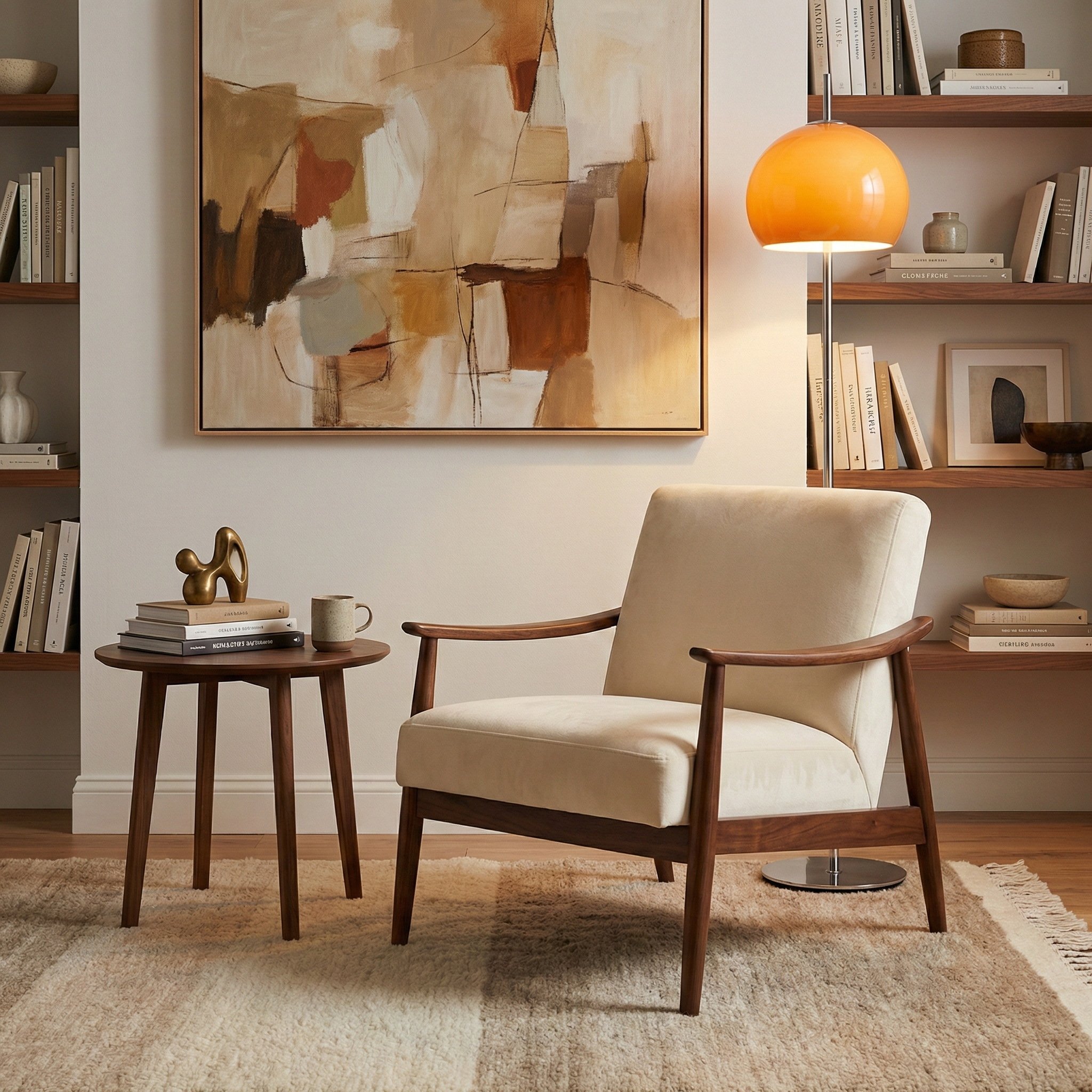 Modern floor lamp with an orange-yellow glass dome shade styled in a neutral living room with abstract art.