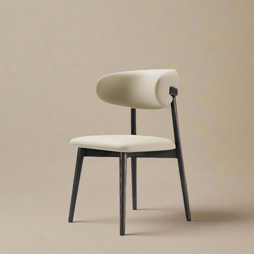 Modern Leather Ash Wood Dining Side Chair with cream upholstery and dark ash wood legs in a neutral studio setting.