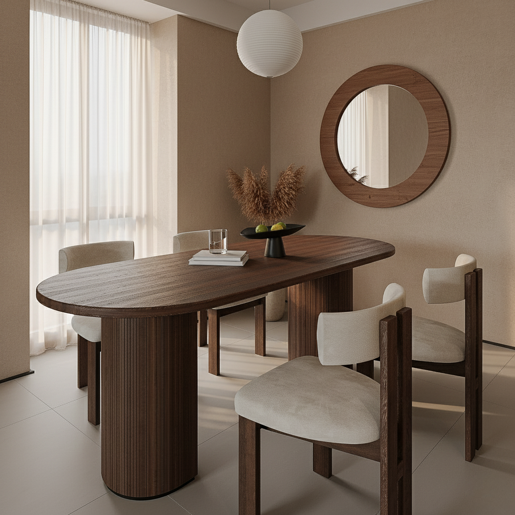 Modern Zen Dining Table in walnut finish with upholstered chairs and round mirror in a softly lit minimalist dining room