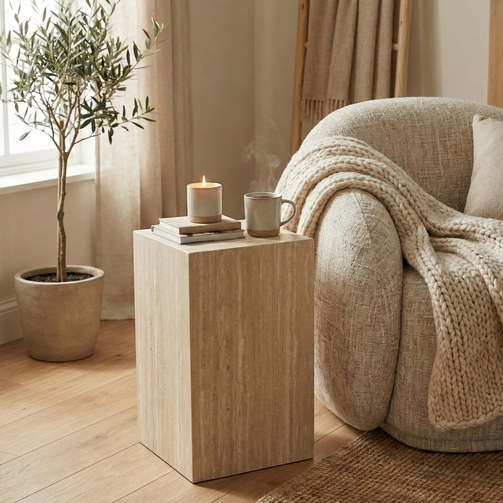 A cozy Hygge-style reading corner featuring the Mono Tall Travertine Side Table styled with a candle and coffee mug, placed next to a beige textured accent chair with a chunky knit blanket.
