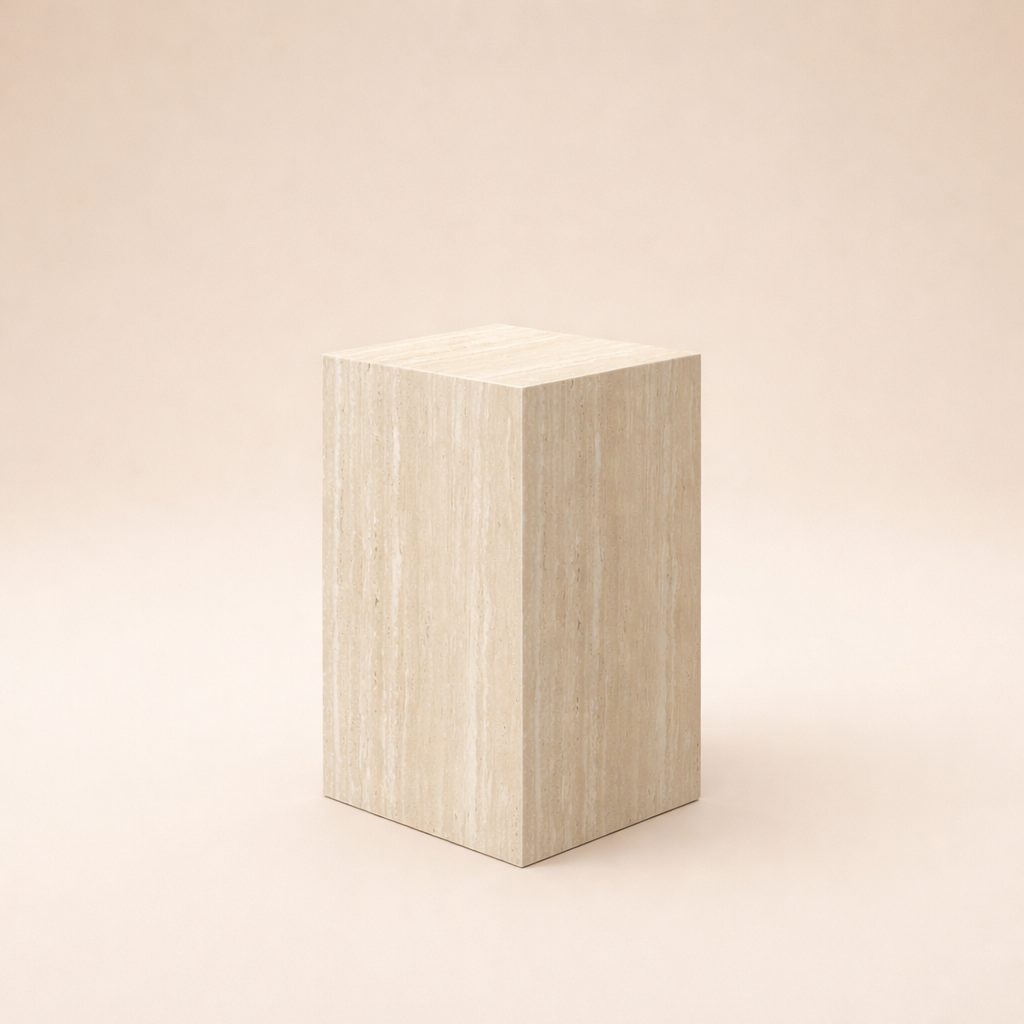 The Mono Side Table, a rectangular beige travertine-look block standing 20 inches tall on a neutral background