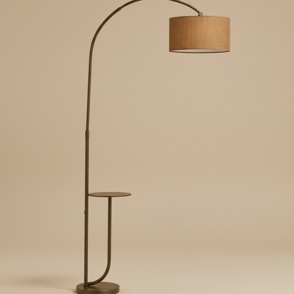 Noir Tray Curve Lamp featuring a curved metal stand with built-in side tray and warm fabric shade on beige background