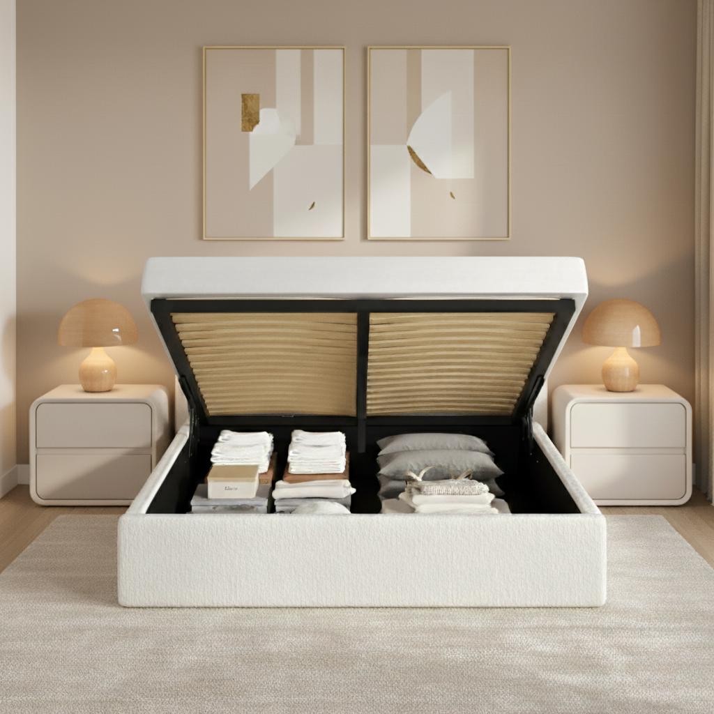 Nora Storage Bed with hydraulic lift-up storage compartment showing neatly organized bedding and linens in a modern bedroom