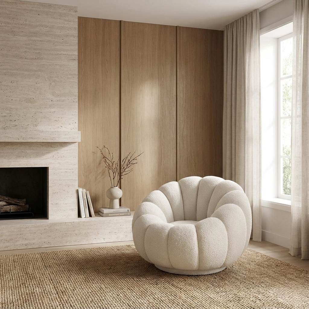 Ophelia Bouclé Swivel Accent Chair in a modern living room, showcasing its sculptural round form and soft textured bouclé.