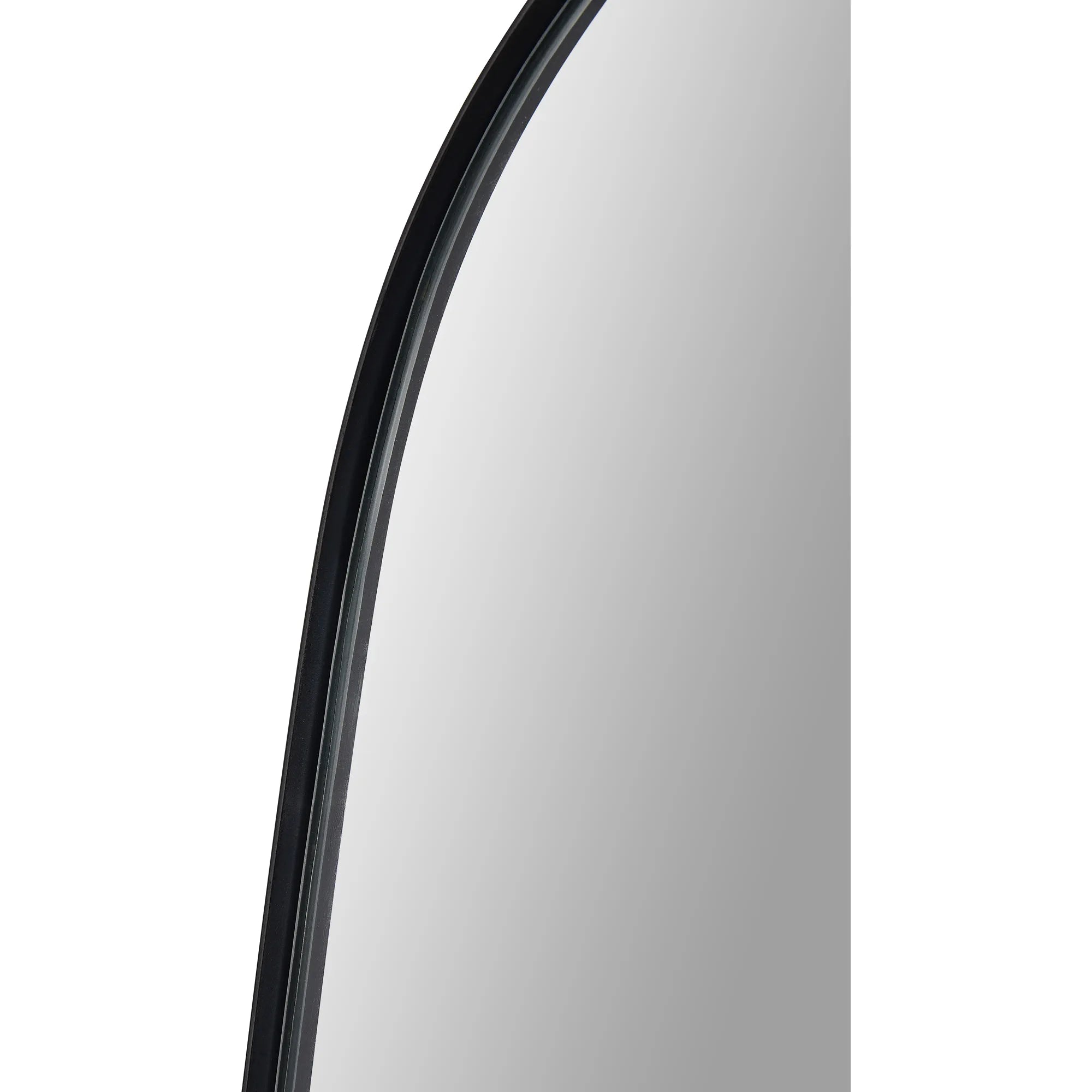 Close-up of the Orion Wall Mirror showing the slim curved black frame and reflective glass surface