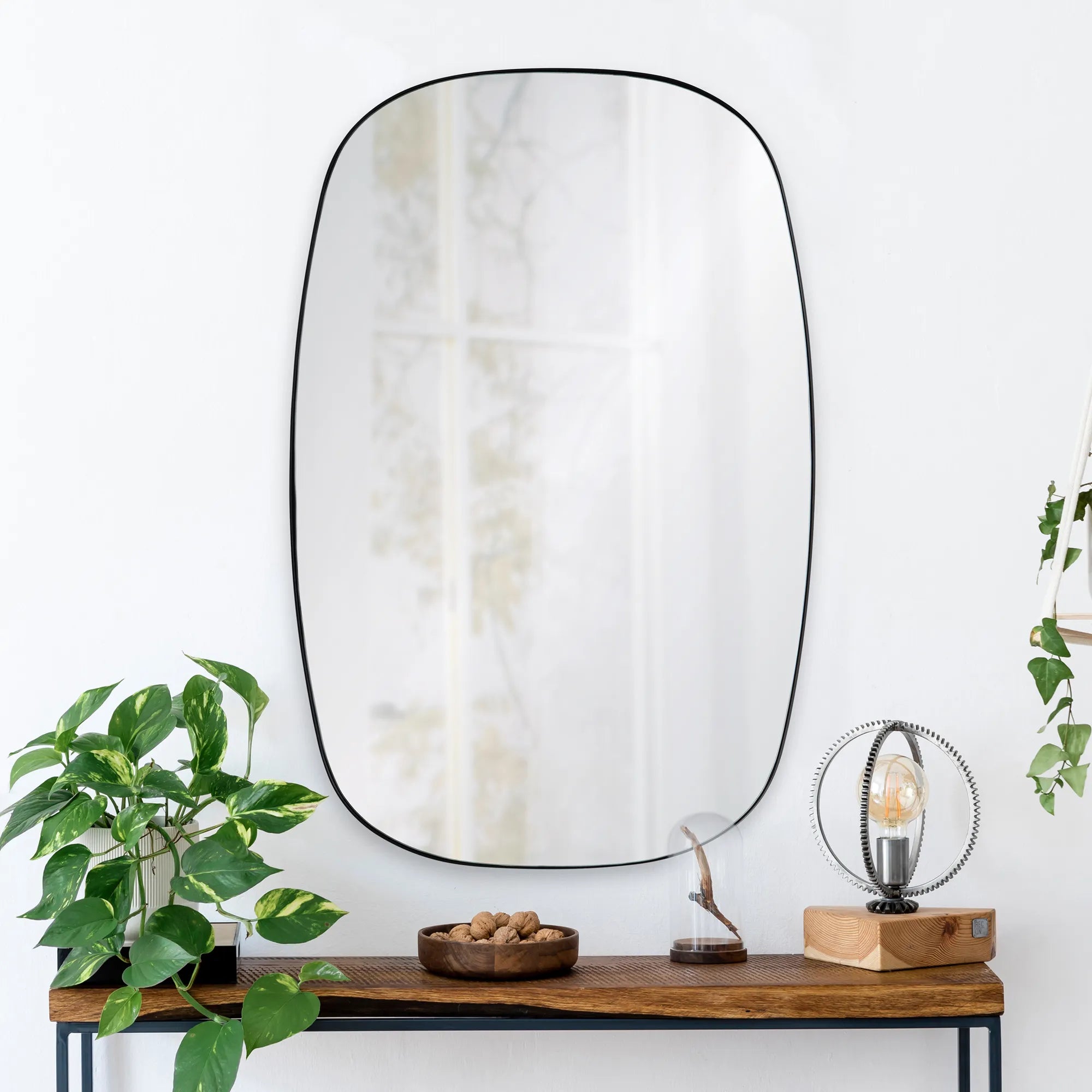 Orion Wall Mirror with a thin black frame styled above a wooden console table with plants and decor