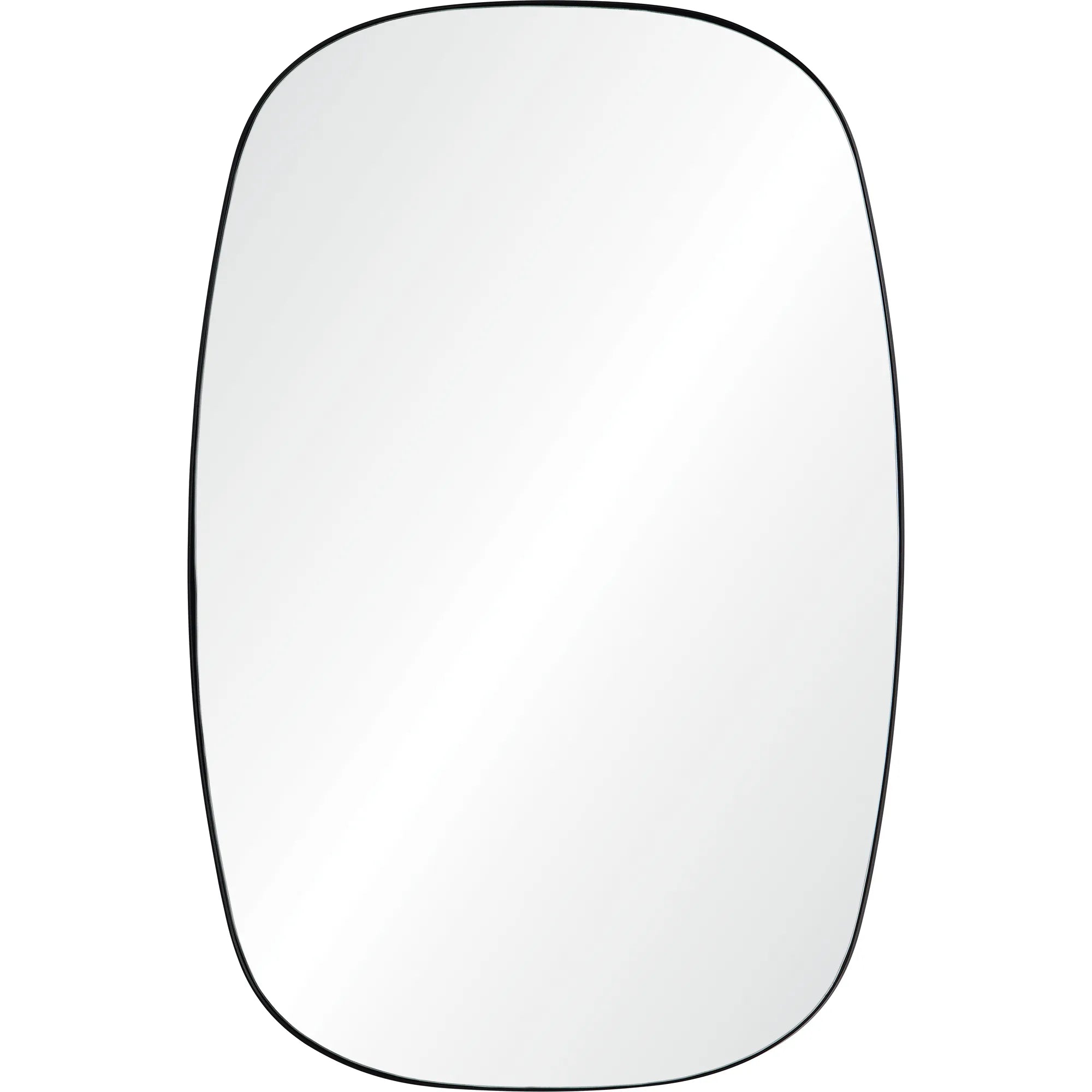 Orion wall mirror with softly curved edges and thin black frame on a white background