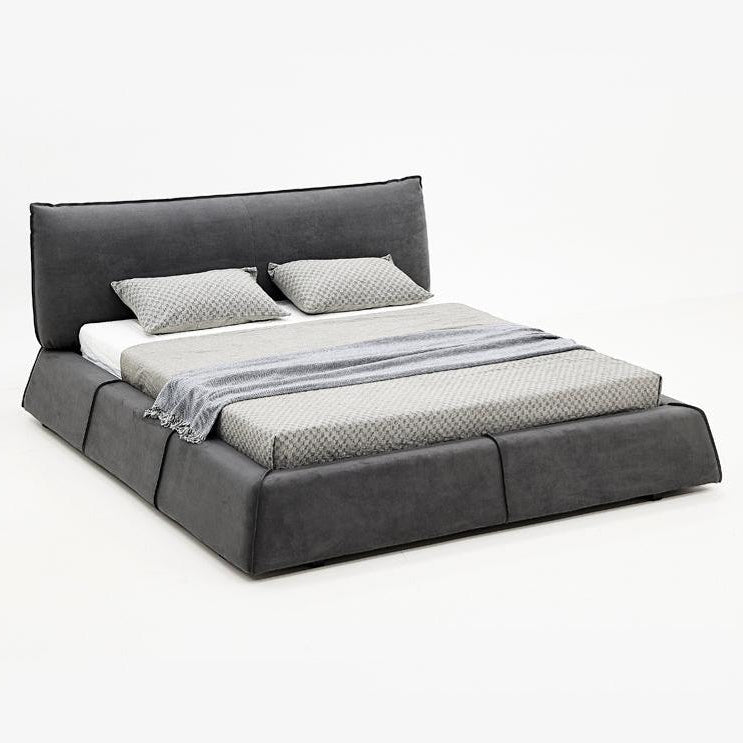 Paris Elegance Grey Platform Bed featuring sleek low profile frame and padded headboard in modern minimalist design