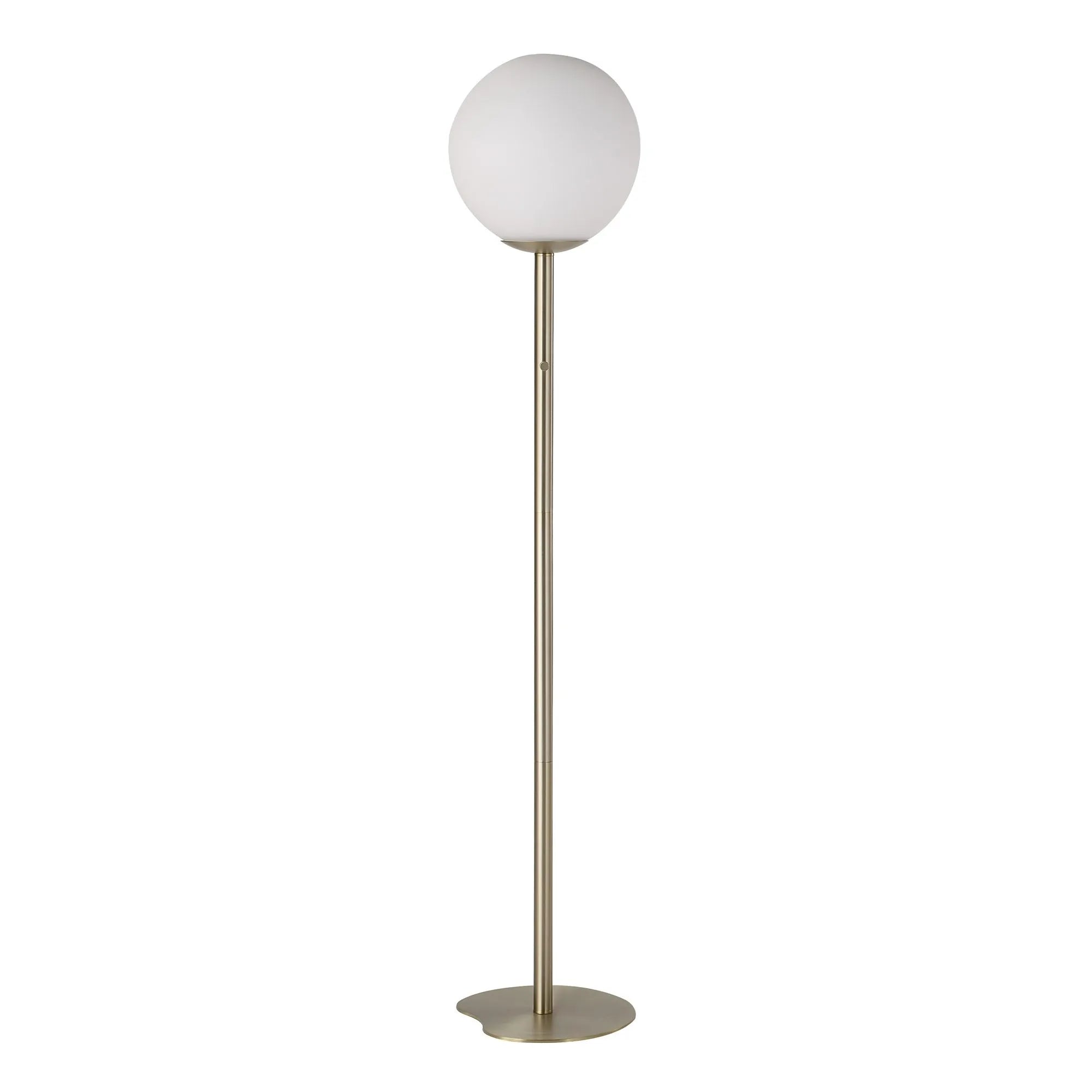 Pearl Glow Floor Lamp with white globe shade and brass pole on an asymmetrical base, standing upright.