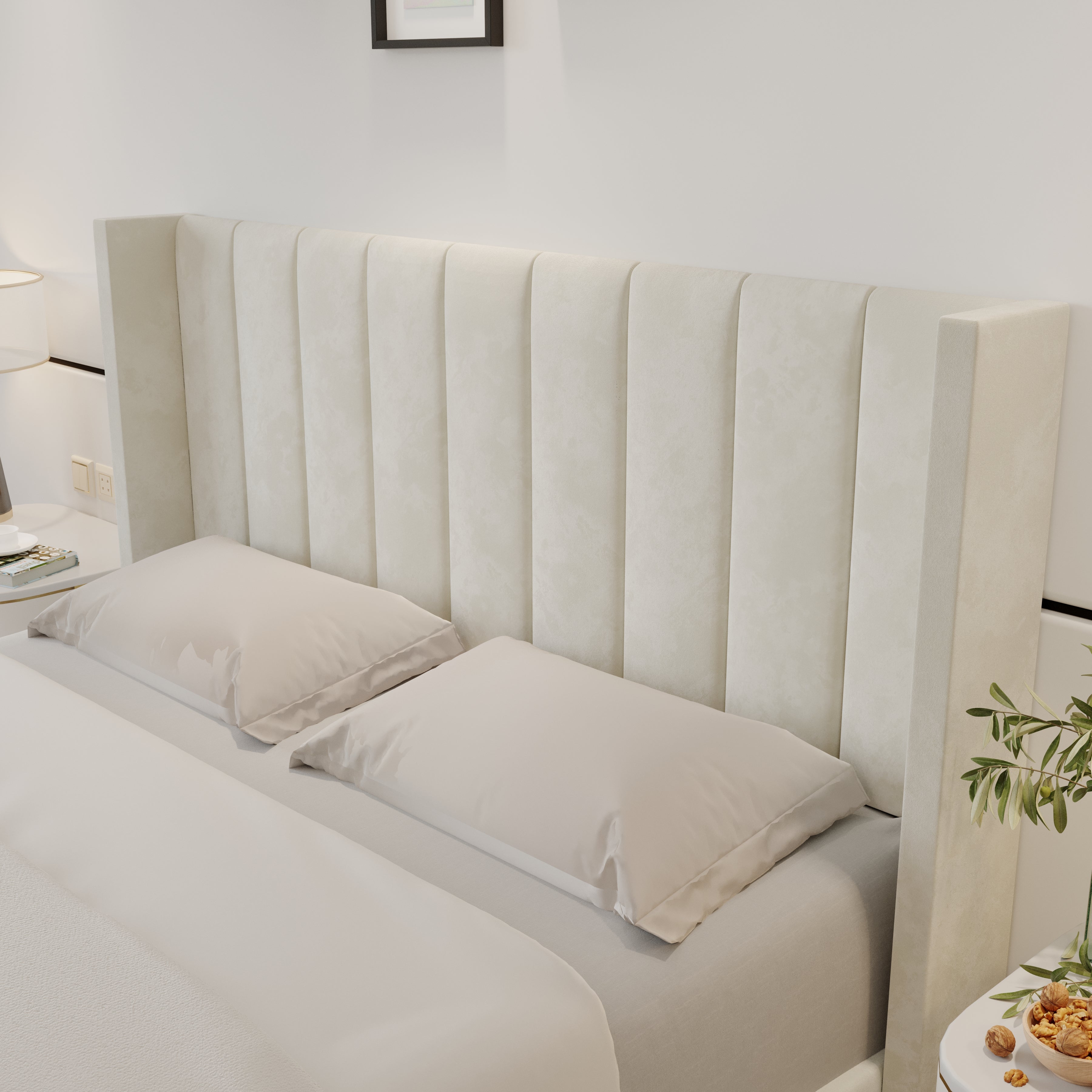 Close-up of Plush Velvet Storage Bed headboard showing vertical upholstered panels and soft velvet texture in a neutral bedroom