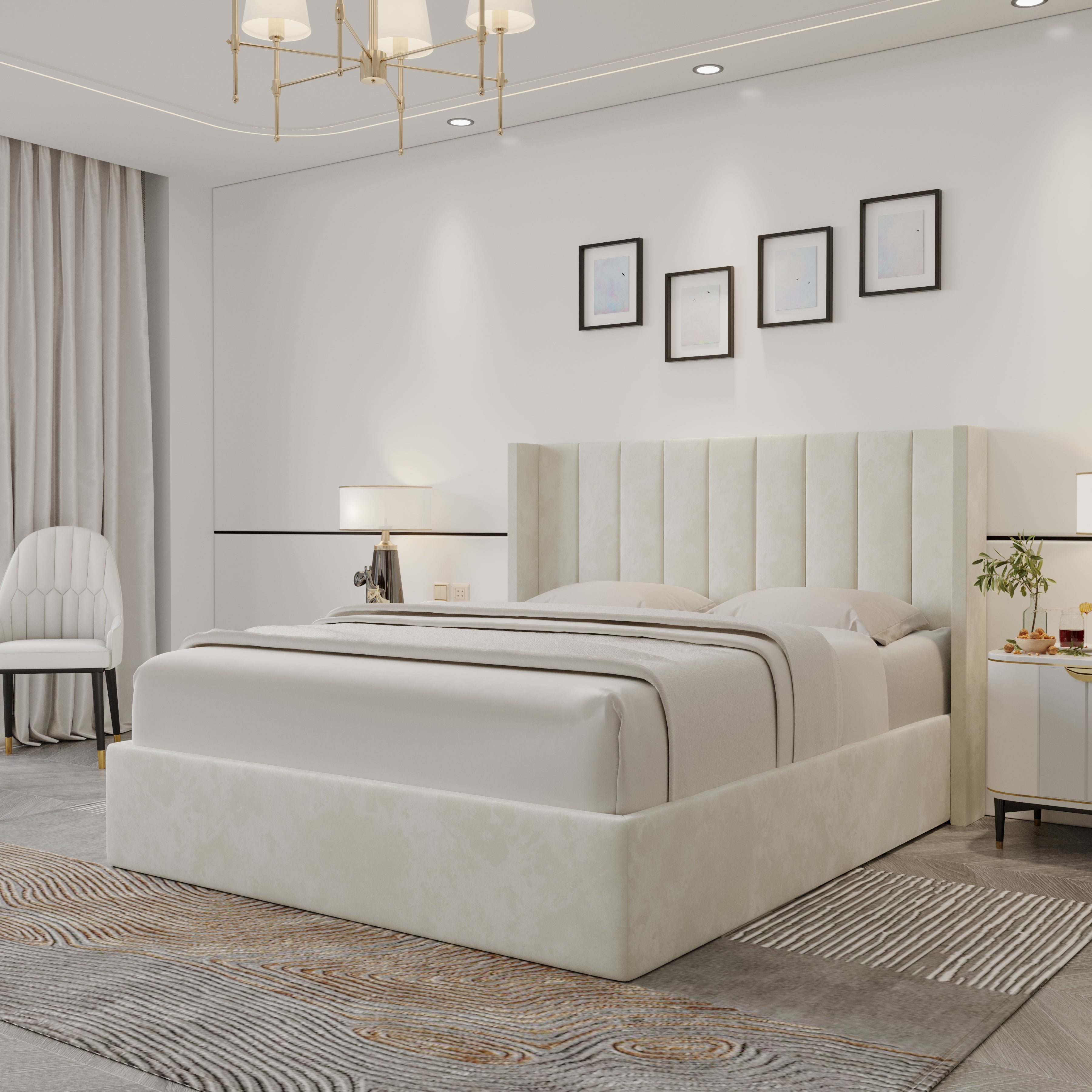 Plush Velvet Storage Bed side angle view showing soft vertical panel headboard and smooth velvet upholstery in neutral bedroom