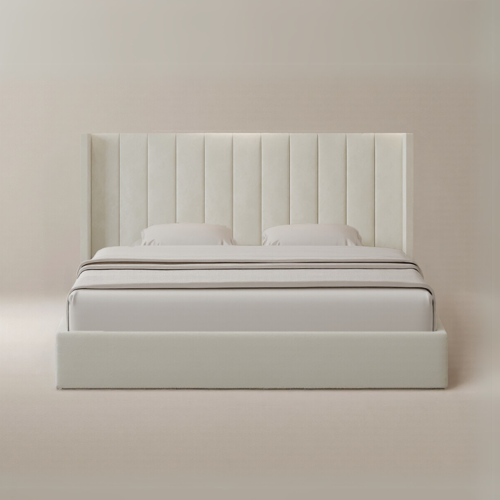 Plush Velvet Storage Bed with tall vertical panel headboard and soft ivory velvet upholstery in a minimal beige studio setting