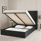 Plush Velvet Storage Bed in black with gas-lift mechanism open to reveal spacious underbed storage compartments