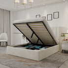 Plush Velvet Storage Bed side view with lifted hydraulic frame revealing spacious underbed storage in a modern bedroom