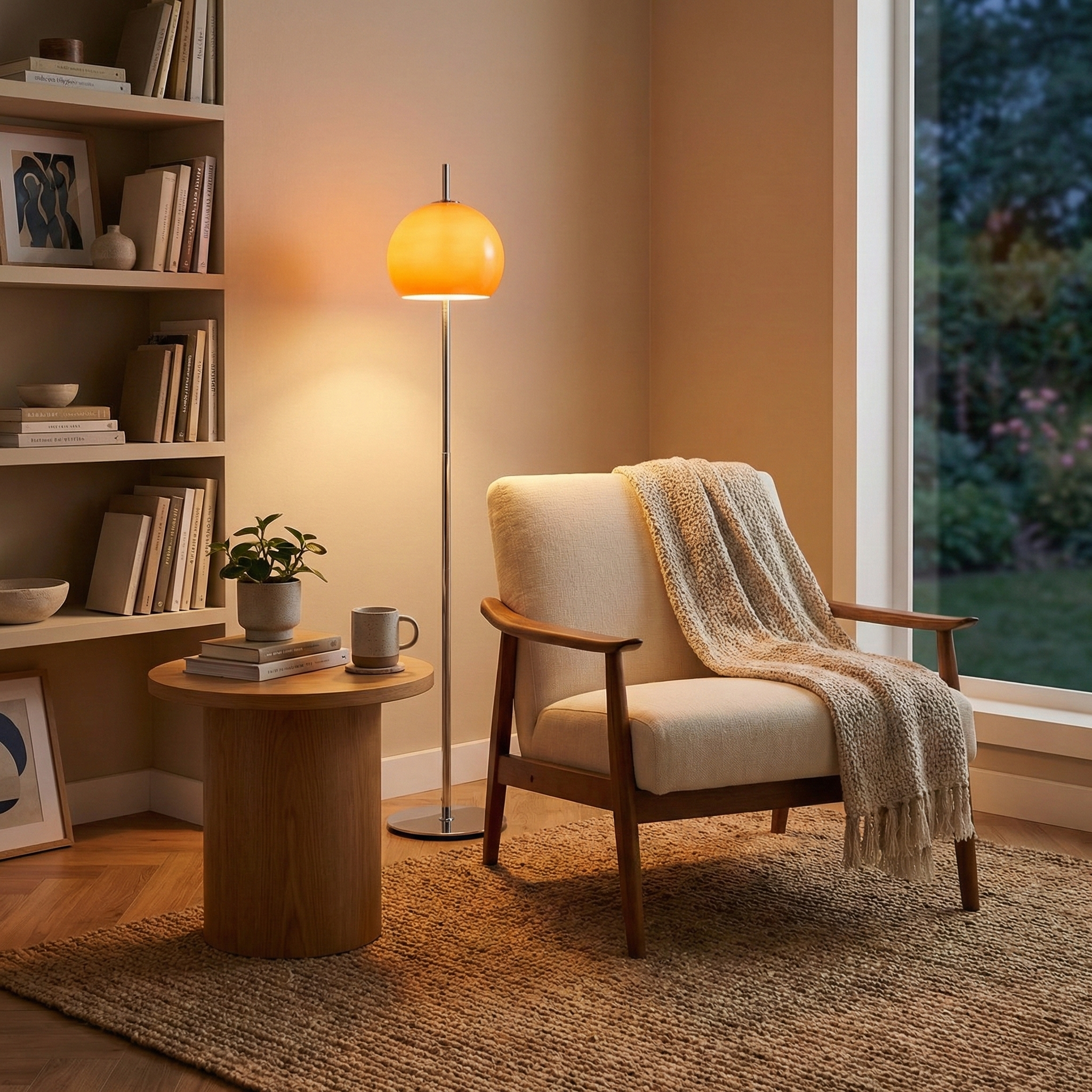 Retro yellow dome floor lamp styled in a cozy reading nook next to a mid-century armchair and wood side table.