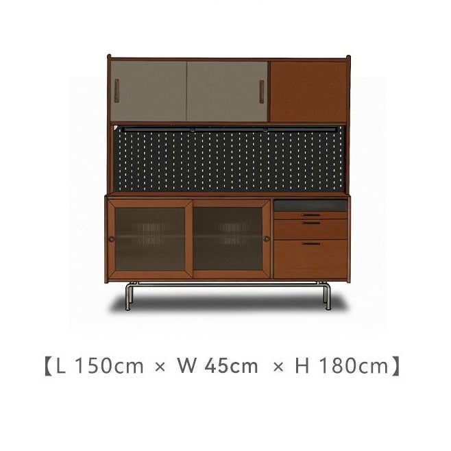Rustic Coffee & Kitchen Sideboard with sliding doors and drawers, shown with size dimensions L150cm W45cm H180cm.