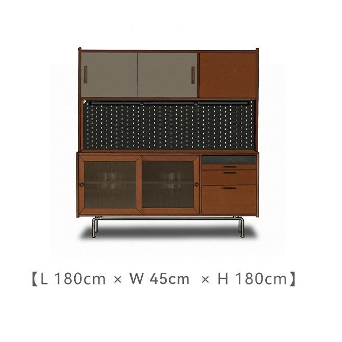 Rustic Coffee & Kitchen Sideboard with multiple storage sections, shown with size dimensions L180cm W45cm H180cm.