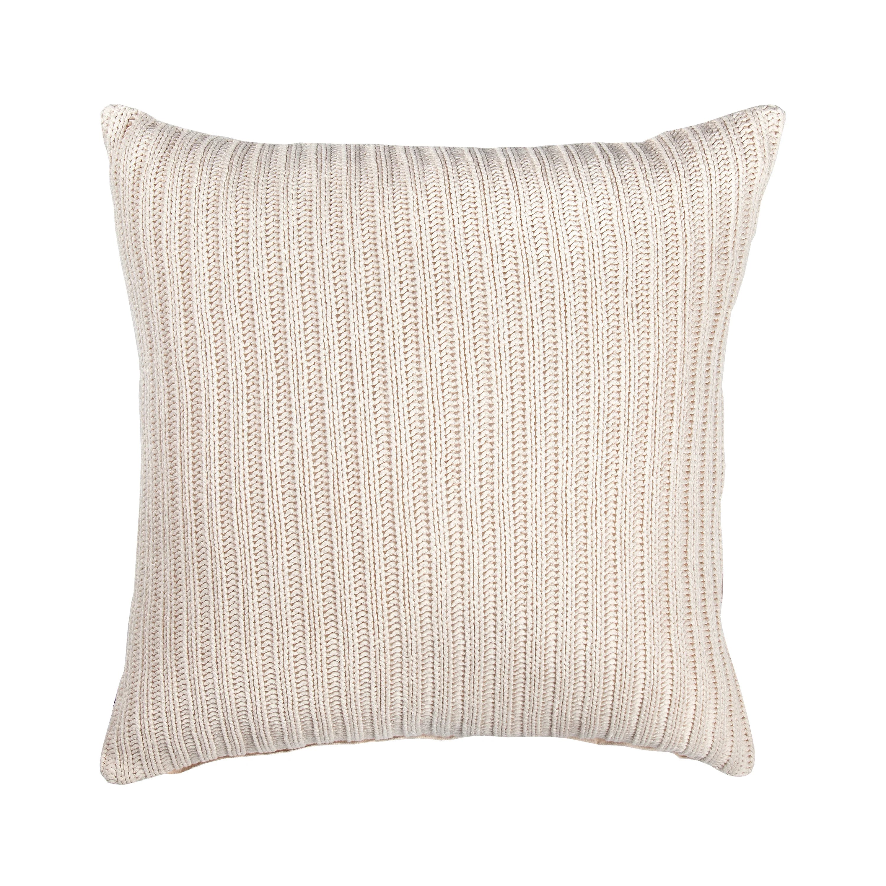 Full front view of the square Sadie throw pillow featuring a chunky cream vertical ribbed knit pattern.