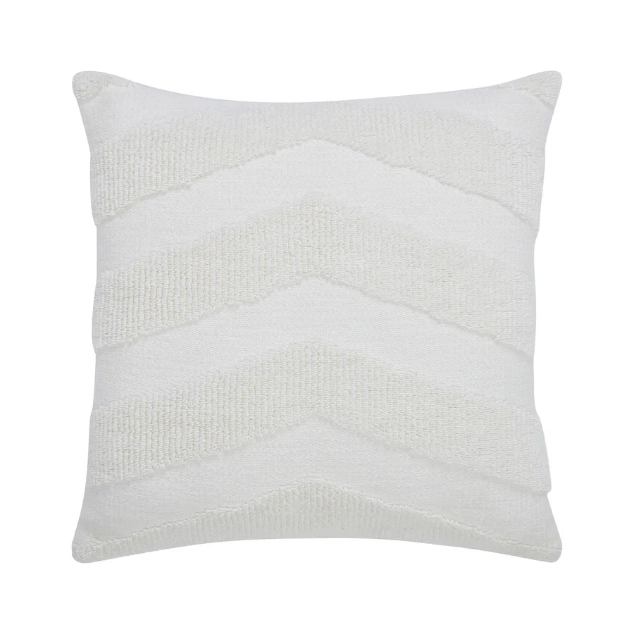 Full front view of the square Seraphina throw pillow featuring a cream tufted knitted chevron pattern.