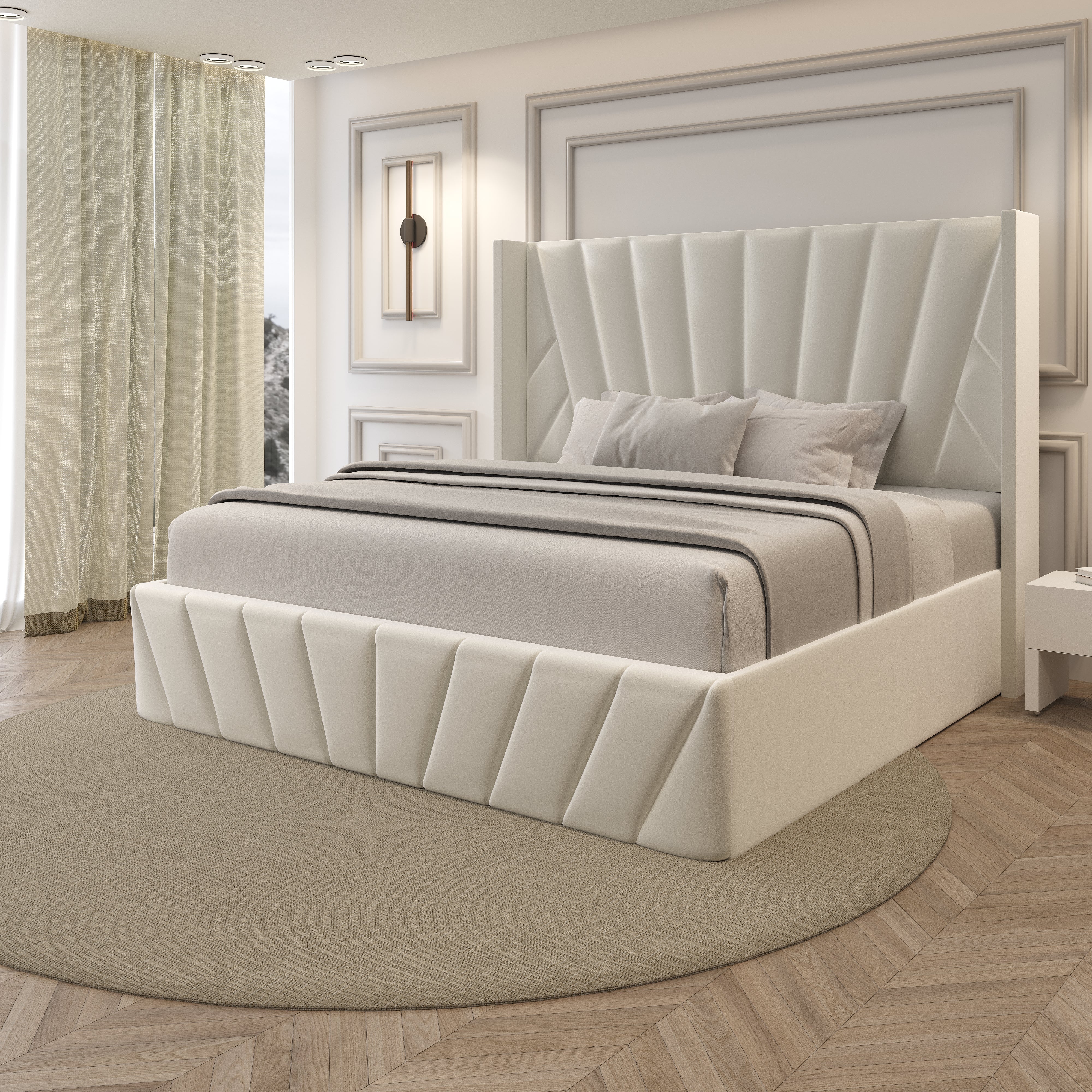 Serene Velvet Storage Bed in cream velvet with geometric headboard design shown from side angle in elegant bedroom