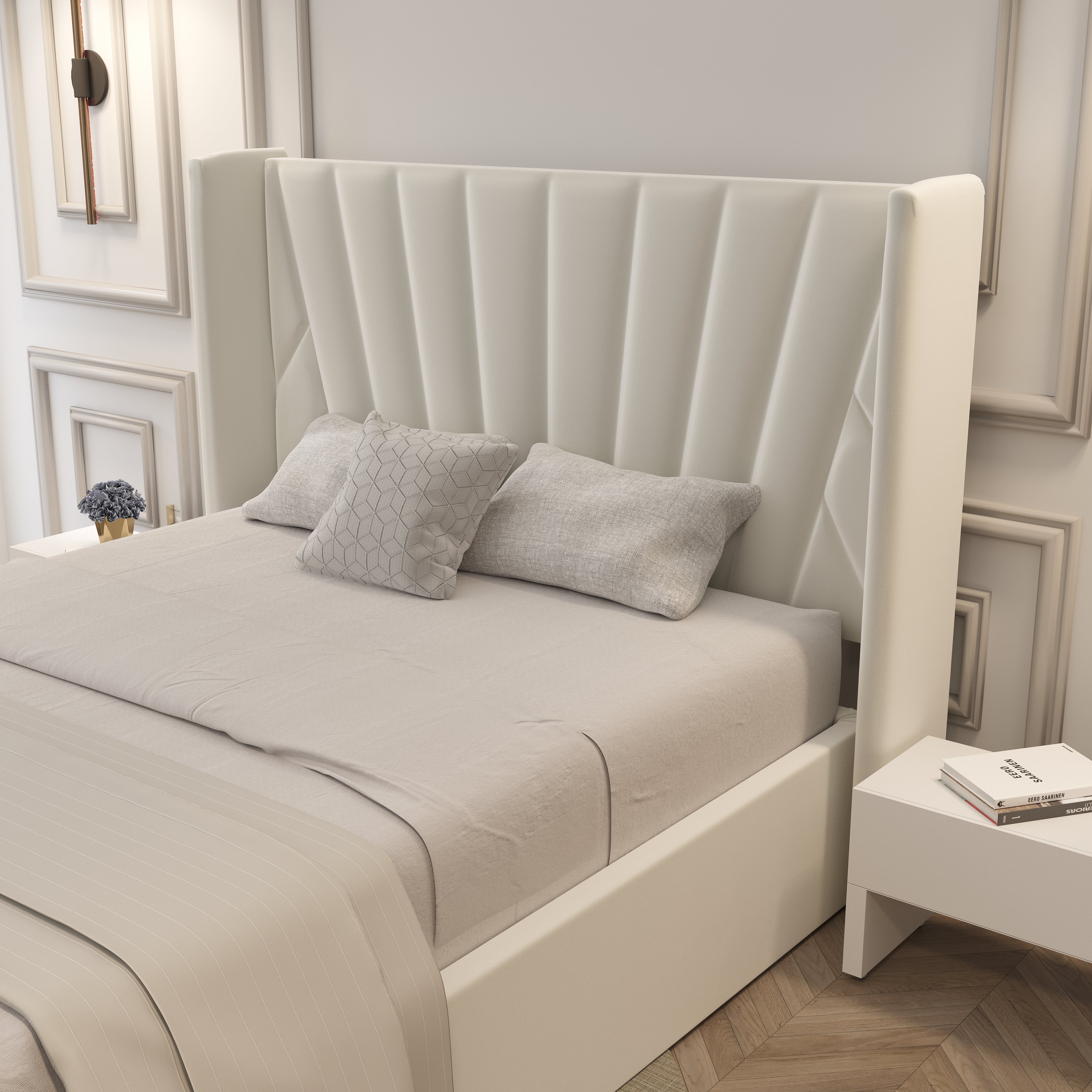Serene Velvet Storage Bed close-up showing soft cream velvet upholstery and geometric wingback headboard detail
