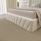 Serene Velvet Storage Bed footboard close-up highlighting diagonal stitched velvet panels and plush beige upholstery
