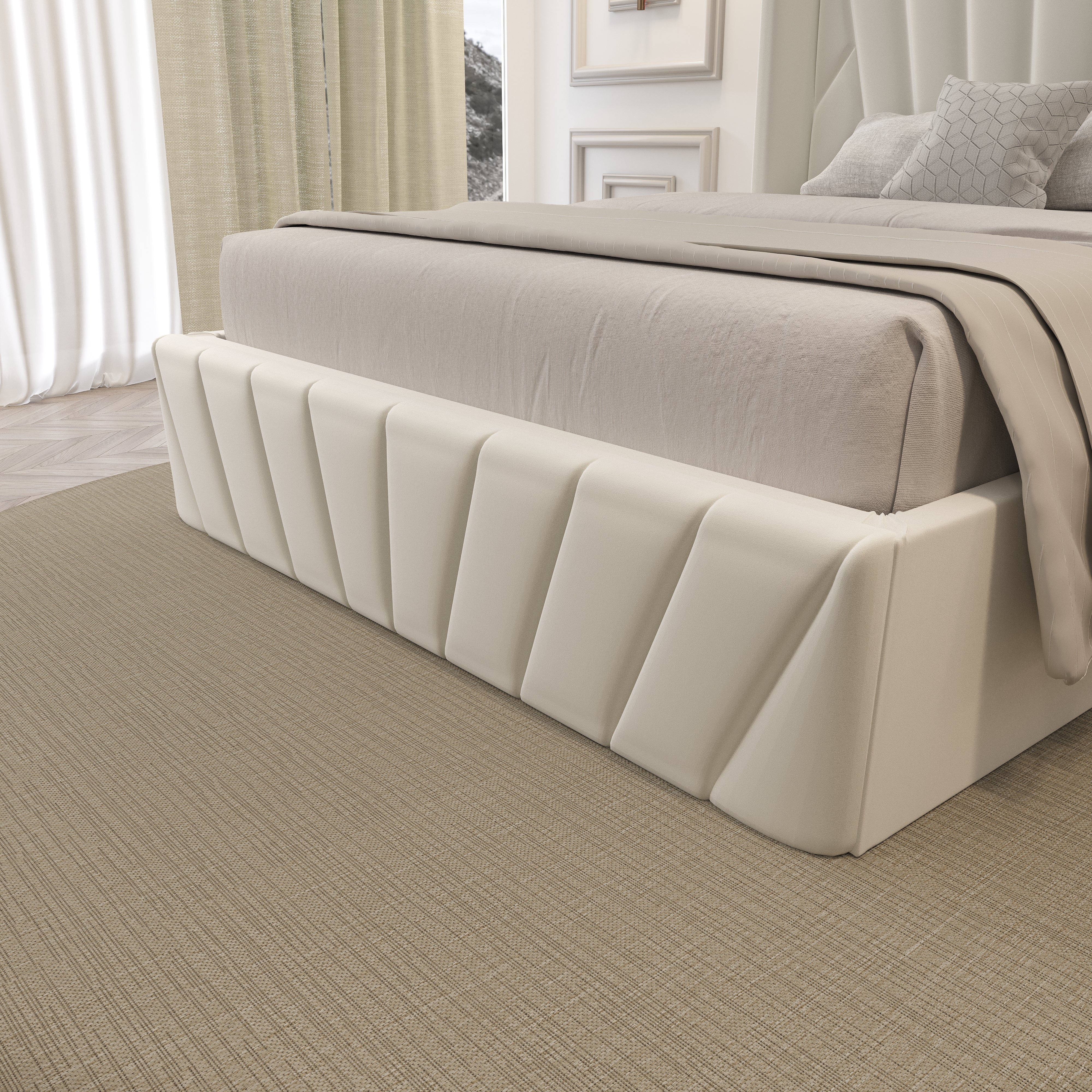 Serene Velvet Storage Bed footboard close-up highlighting diagonal stitched velvet panels and plush beige upholstery