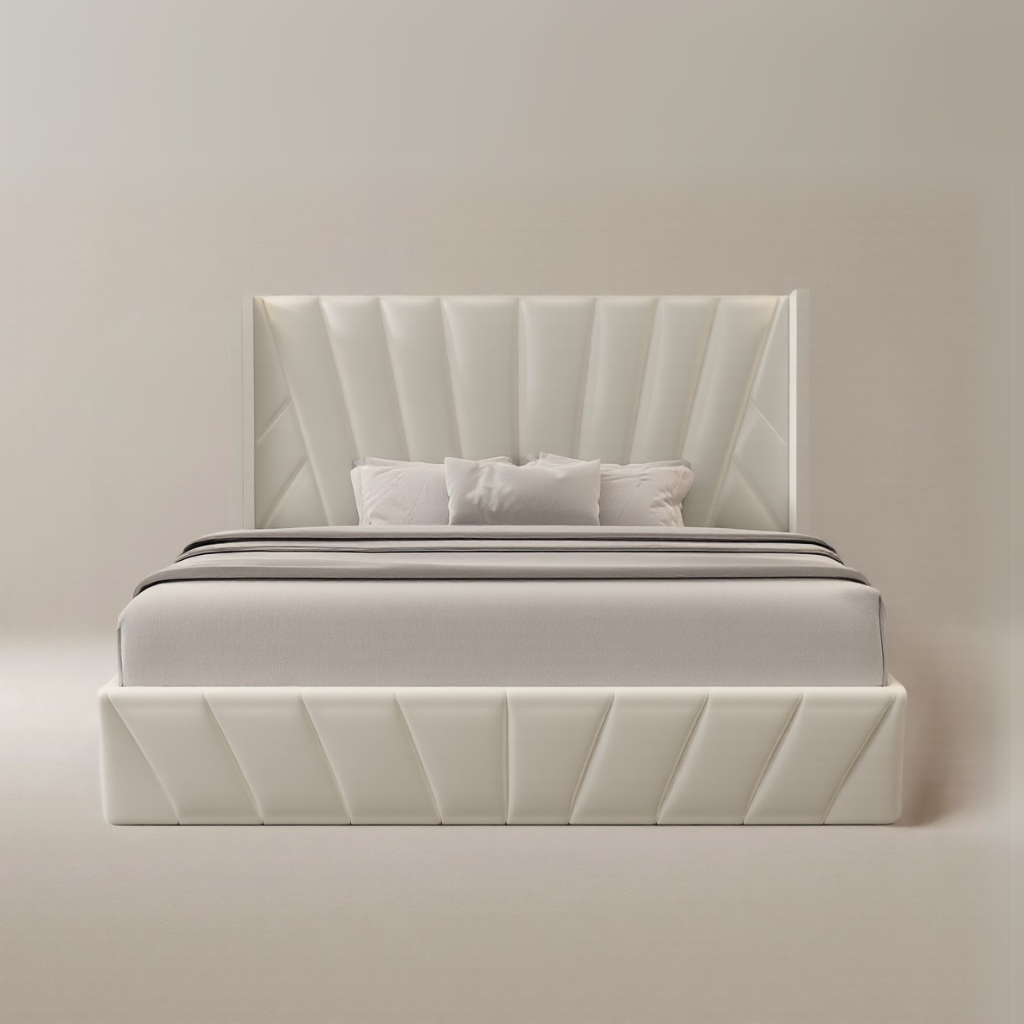 Serene Velvet Storage Bed with geometric panel headboard and matching base in soft cream velvet on beige background