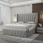 Serene Velvet Storage Bed in soft grey velvet featuring modern geometric design and wingback headboard in contemporary bedroom
