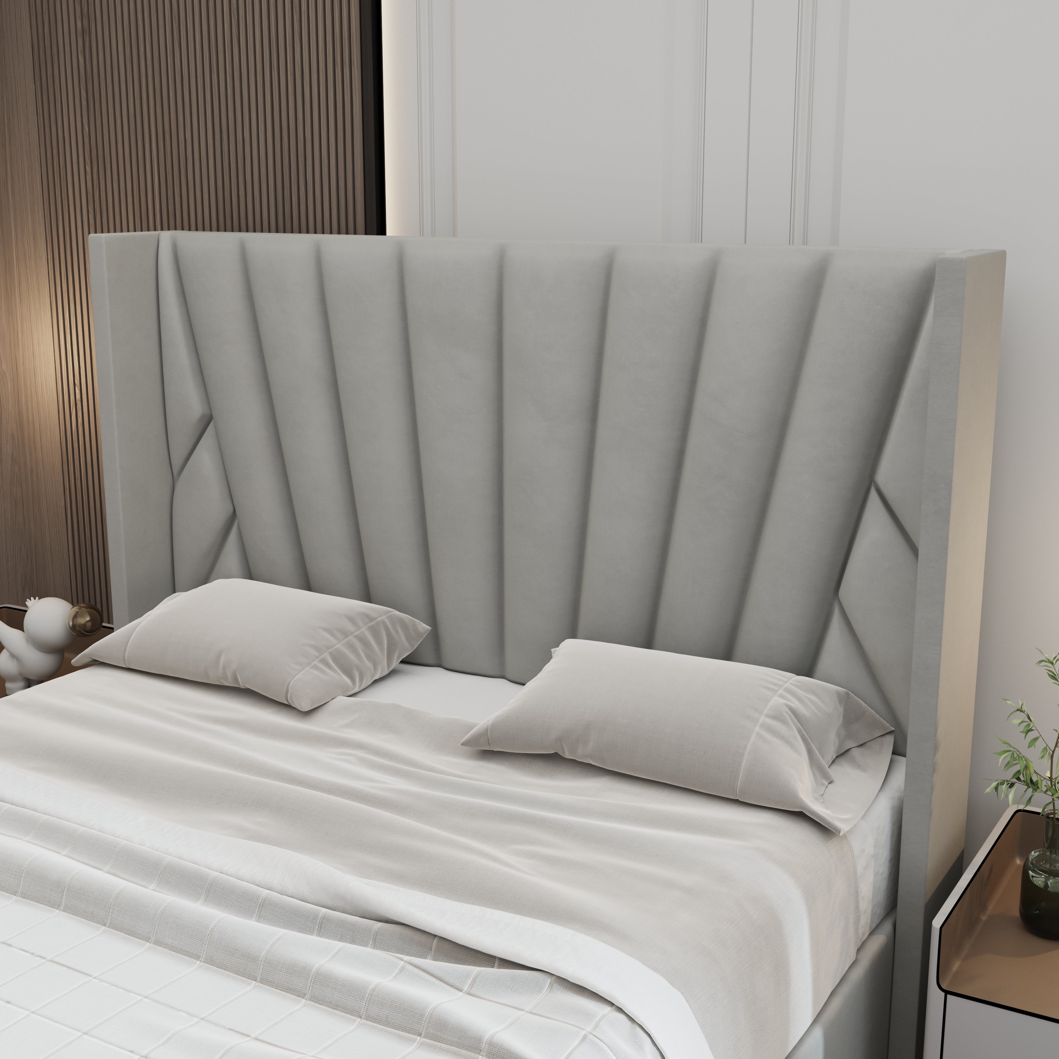 Serene Velvet Storage Bed close-up of tall grey wingback headboard with sculpted velvet panels and soft texture