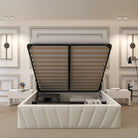 Serene Velvet Storage Bed with lifted platform showing spacious under-bed storage in elegant cream velvet finish