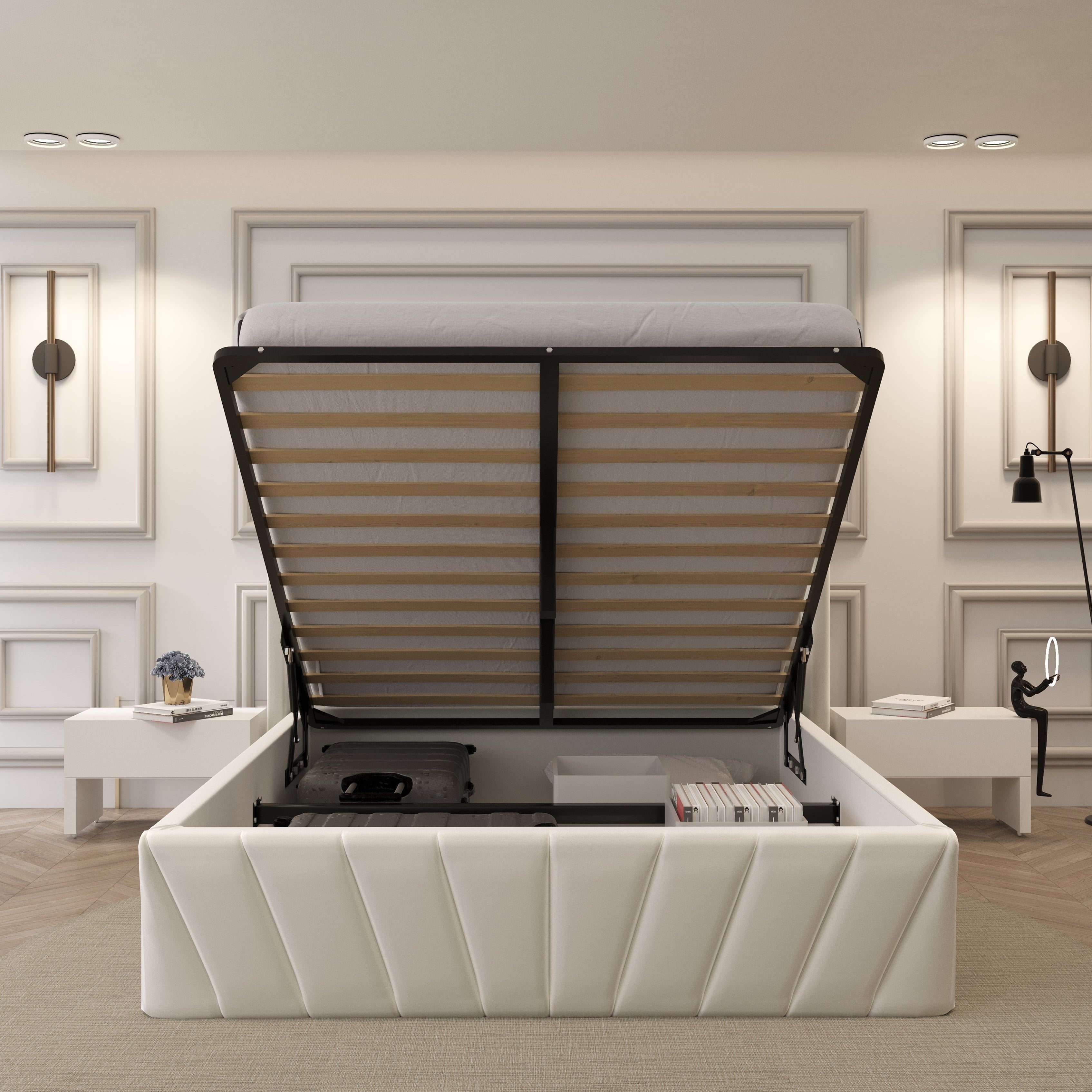 Serene Velvet Storage Bed with lifted platform showing spacious under-bed storage in elegant cream velvet finish
