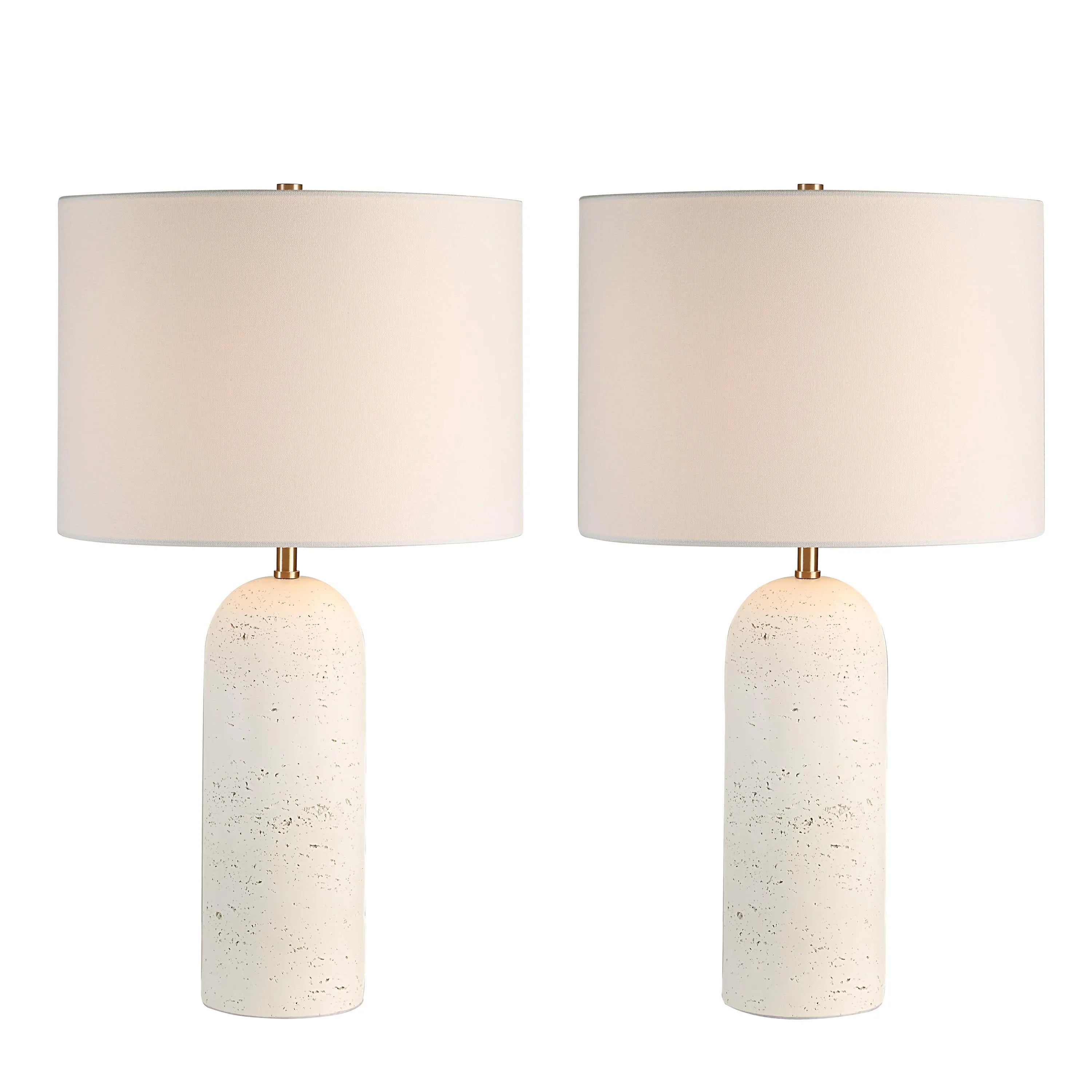 Pair of Sienna Sculpted Table Lamps with speckled ceramic bases and fabric shades on white background
