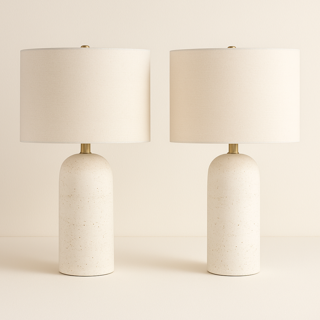 Set of Sienna Sculpted Table Lamps with smooth beige ceramic bases and fabric drum shades on neutral background