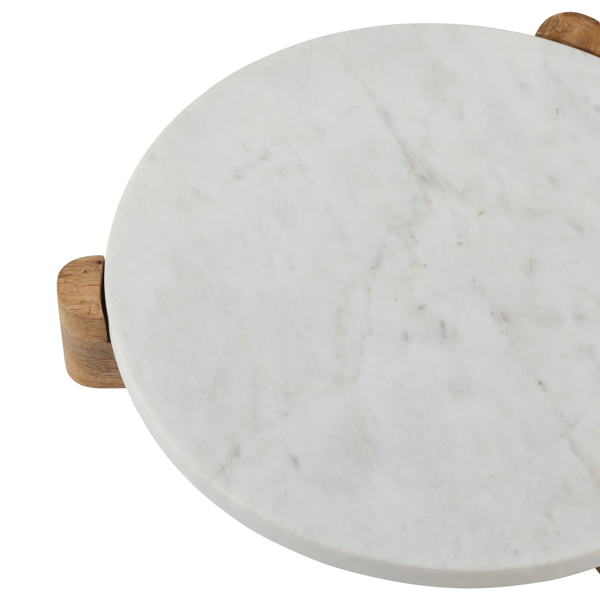 Close-up of Siona Marble Tray showing smooth round white marble top and natural wood leg details