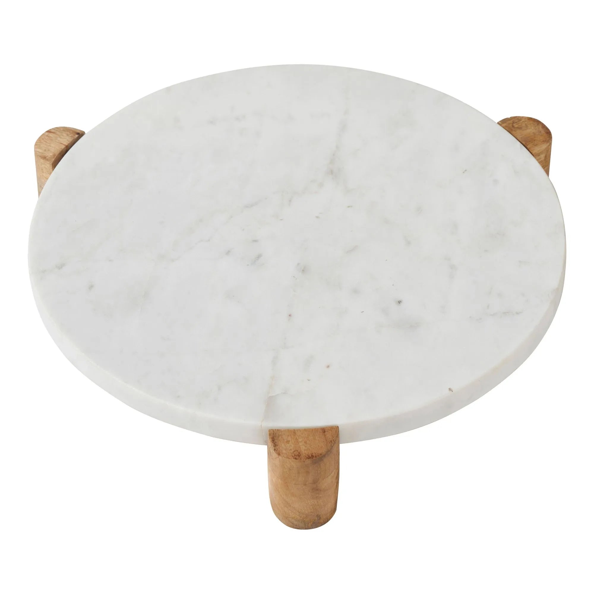 Top view of Siona Marble Tray featuring a smooth round white marble surface with wooden legs