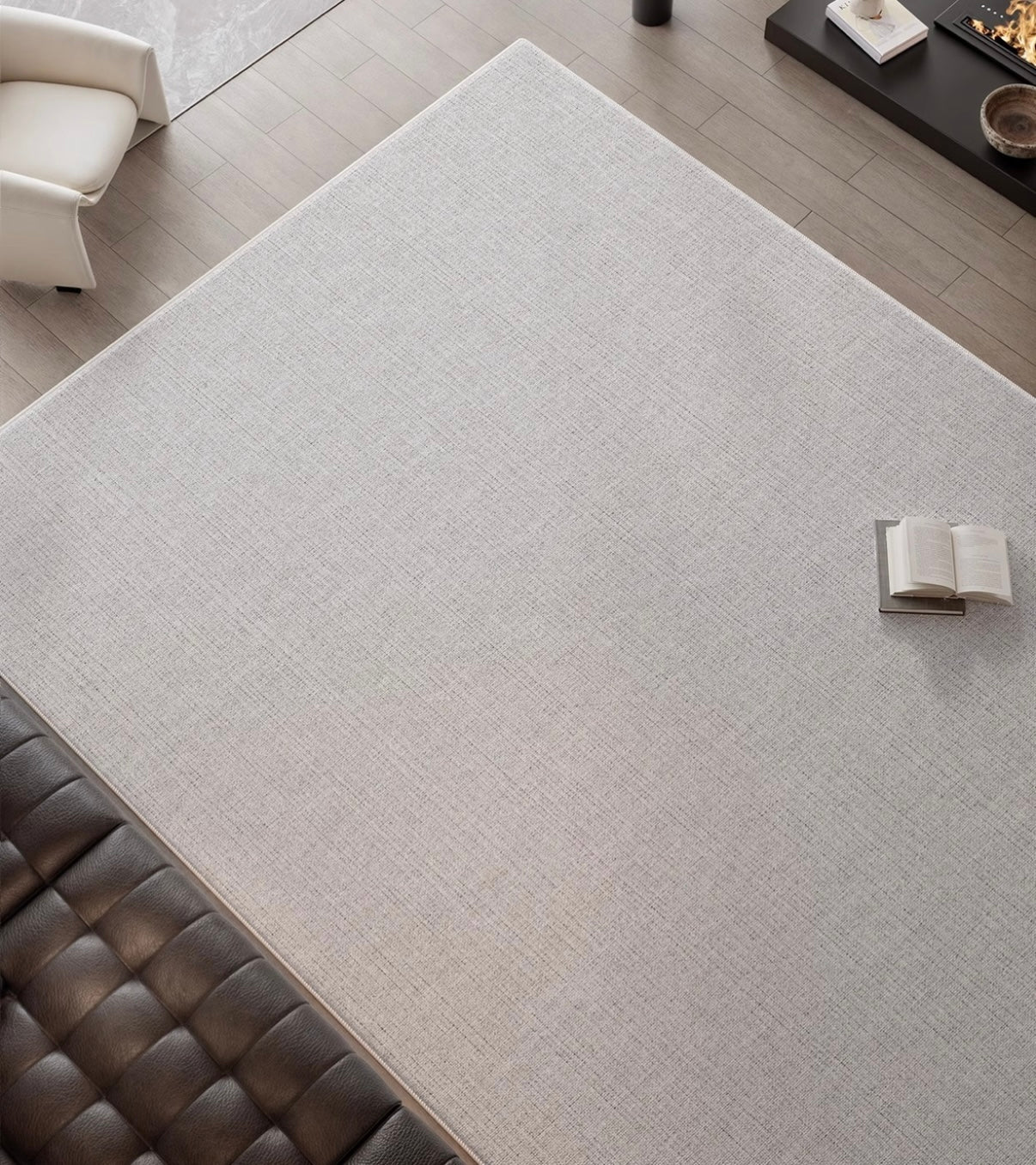 Slate Gray Area Rug shown in close-up from above in a modern living room setting