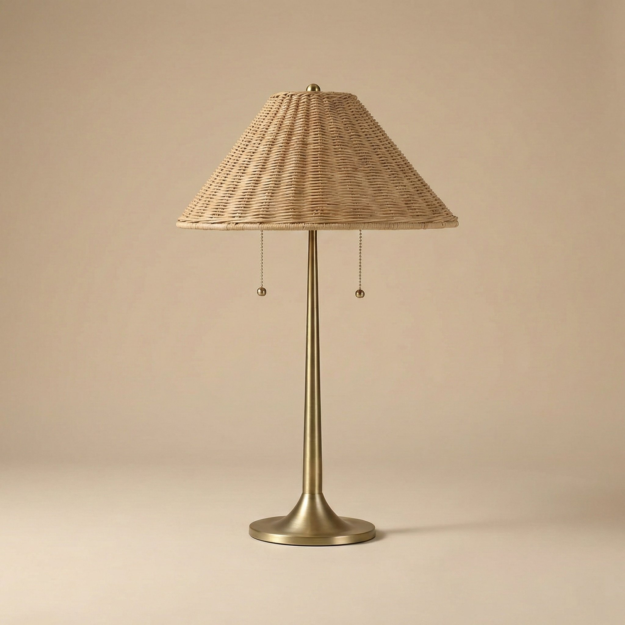 Table lamp with wicker shade on a beige background