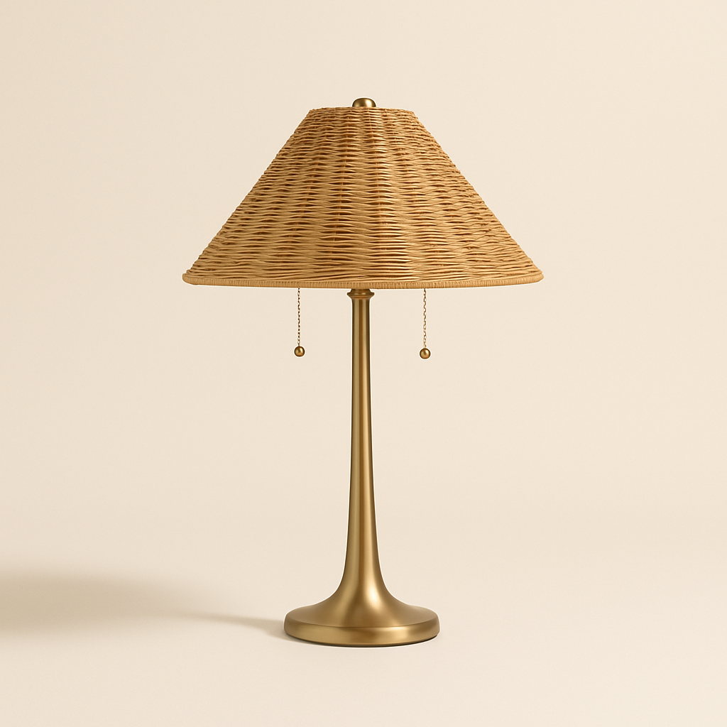 Solara Rattan Glow Table Lamp with brass base and woven rattan shade on beige background
