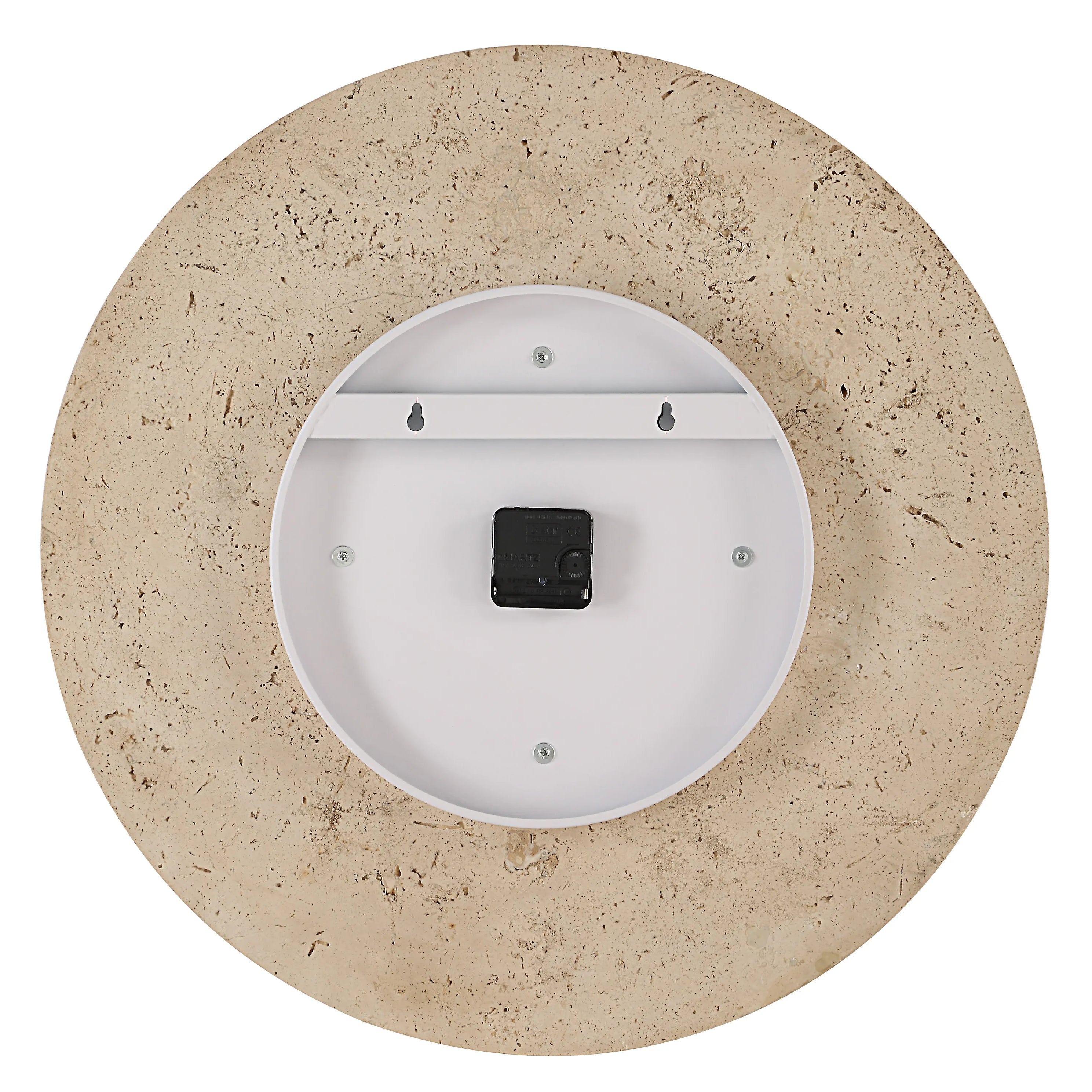 Back view of Solea Travertine Wall Clock showing mounting hardware and battery compartment