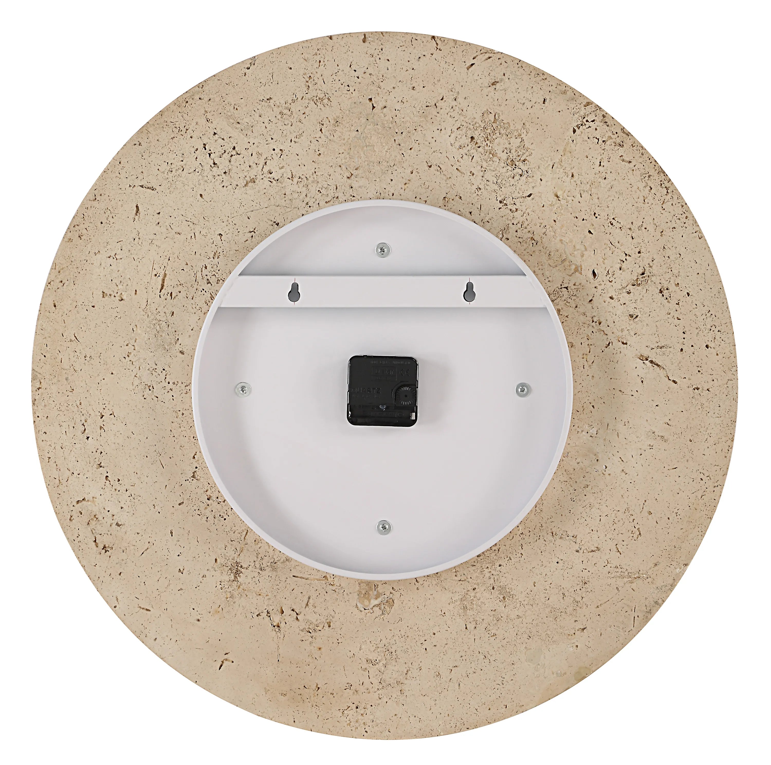 Back view of Solea Travertine Wall Clock showing mounting hardware and battery compartment