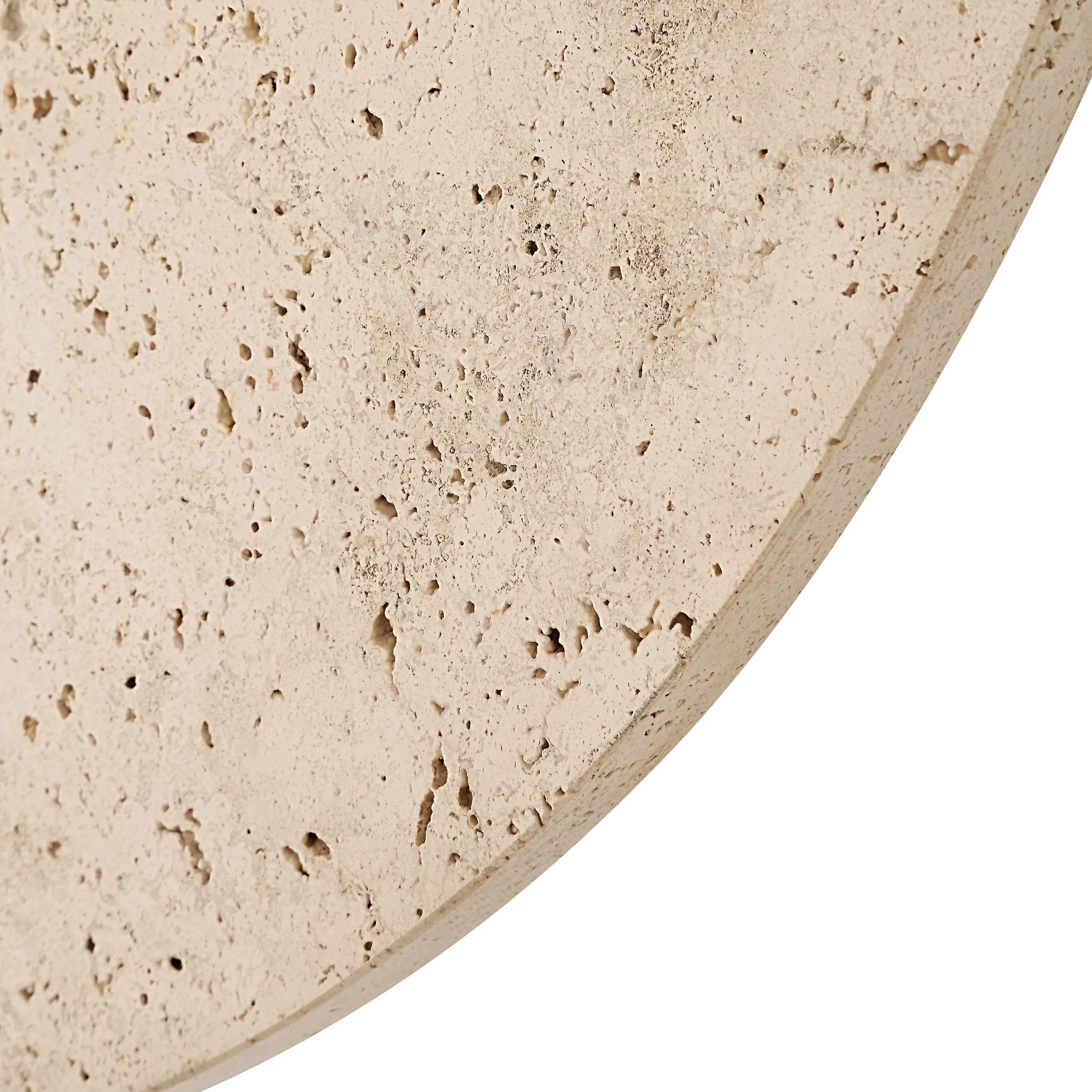 Close-up of Solea Travertine Wall Clock edge highlighting natural stone pores and beige texture