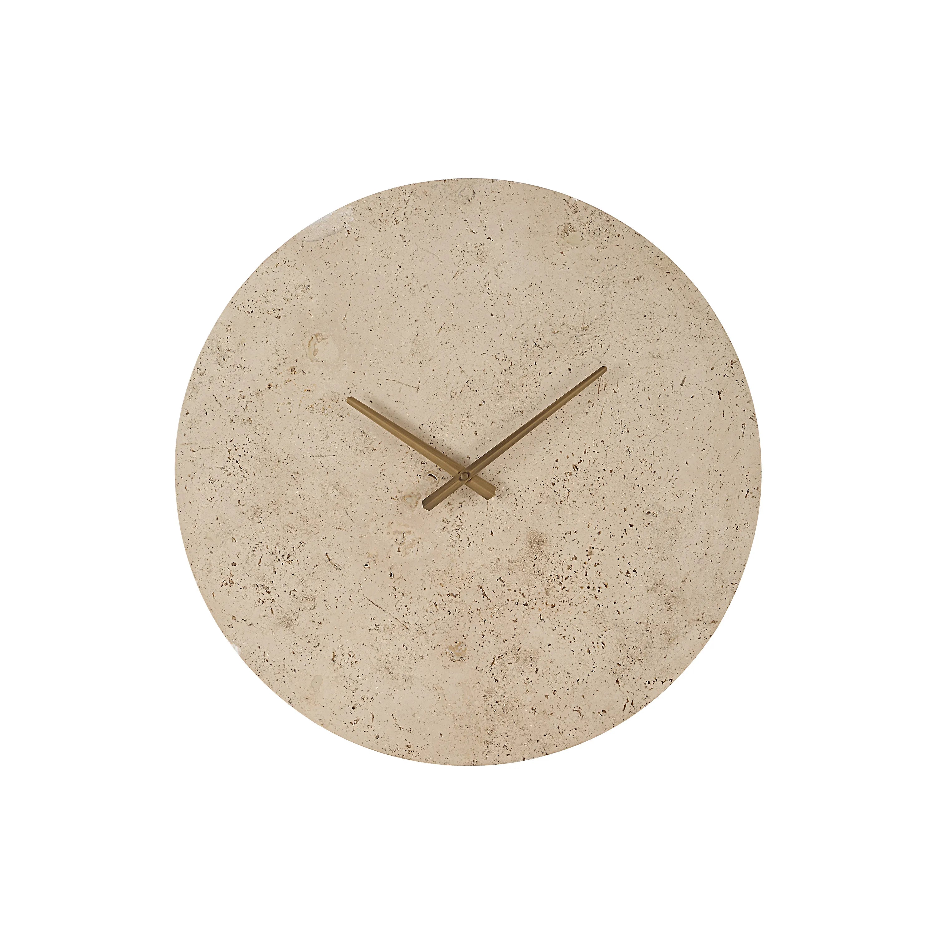 Solea Travertine Wall Clock with natural beige stone face and minimalist brass hands