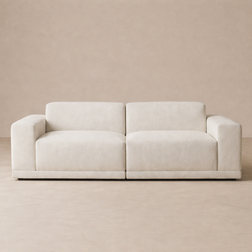 Solis beige linen sofa in a compact 2-module configuration perfect for smaller living spaces.