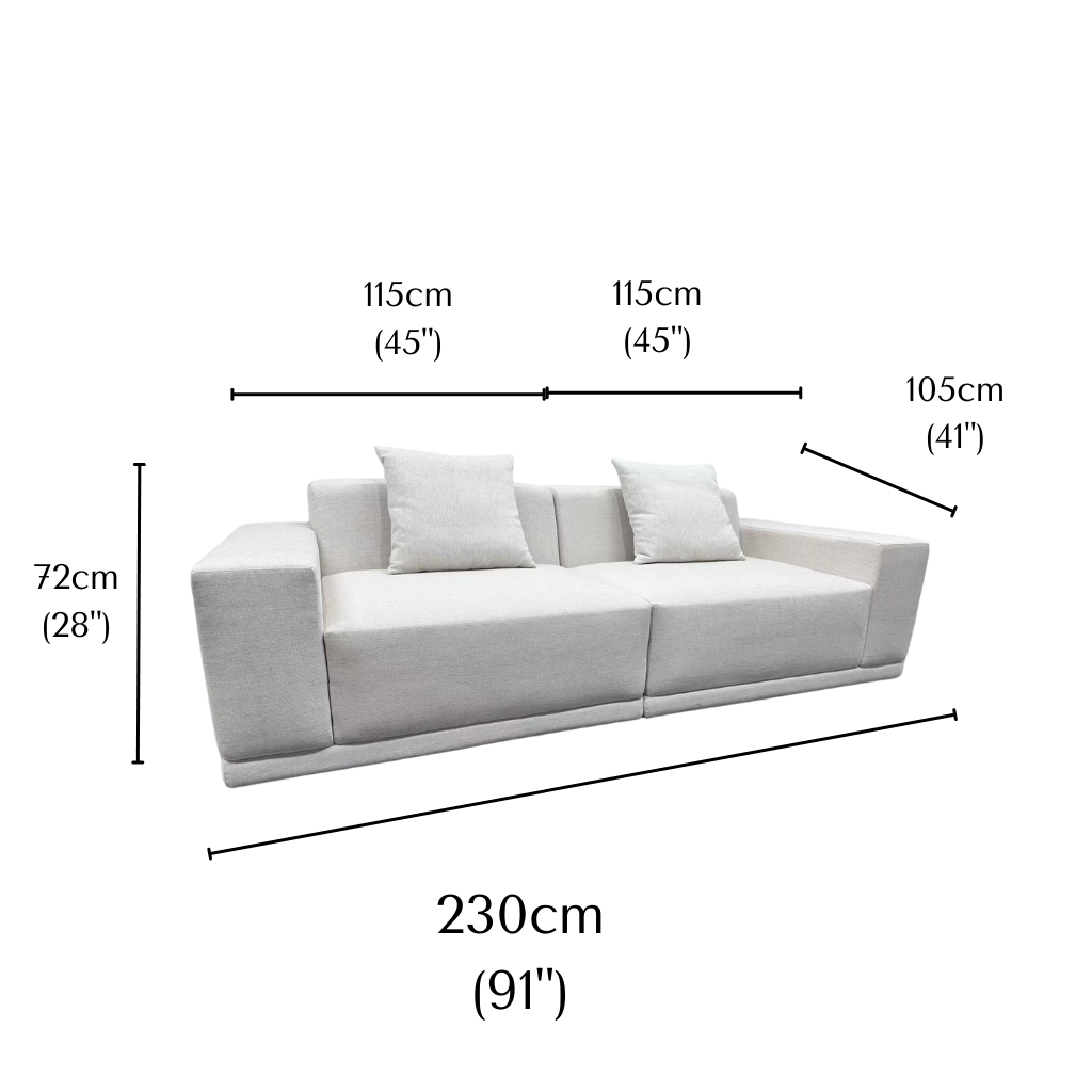 Solis Linen Modular Sofa 2 seater in beige linen fabric with dimensions labeled 230cm width, 105cm depth, and 72cm height