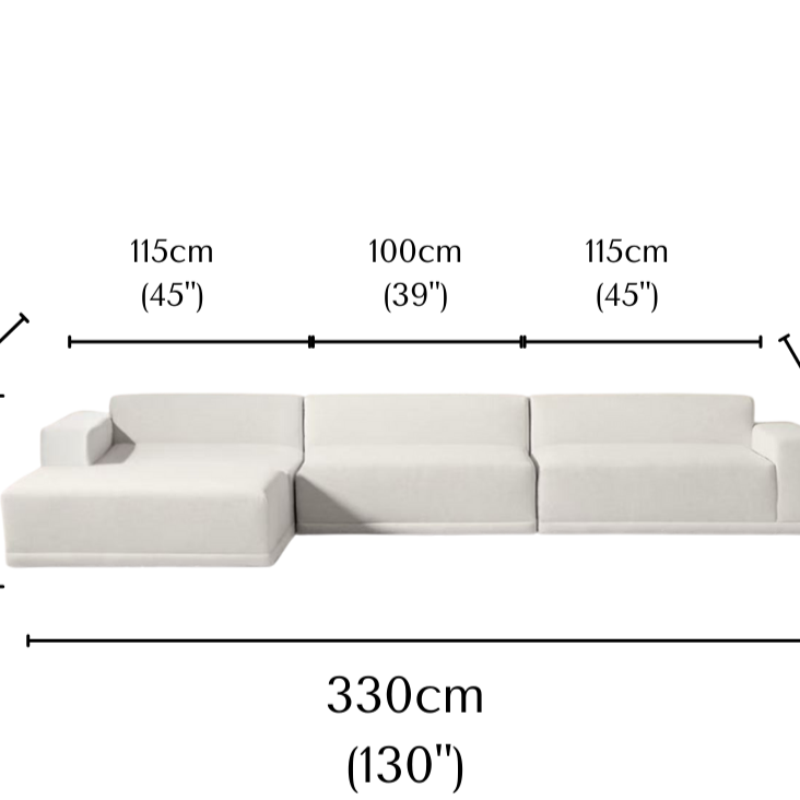 Solis Linen Modular Sofa 3 seater with left chaise in beige linen fabric showing labeled dimensions 330cm width, 210cm depth, and 72cm height