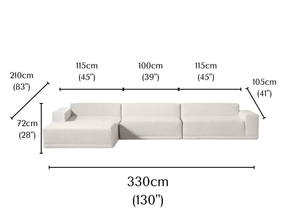 Solis Linen Modular Sofa 3 seater with left chaise in beige linen fabric showing labeled dimensions 330cm width, 210cm depth, and 72cm height