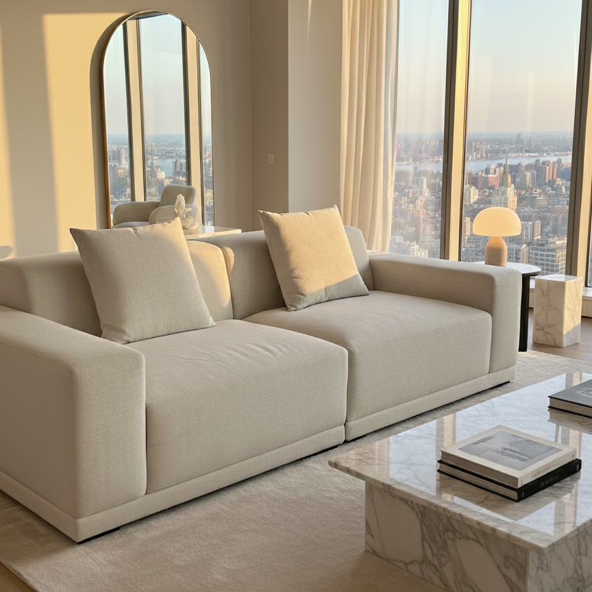 Solis Linen Modular Sofa in beige linen fabric styled in a modern high-rise living room with marble coffee table and city view