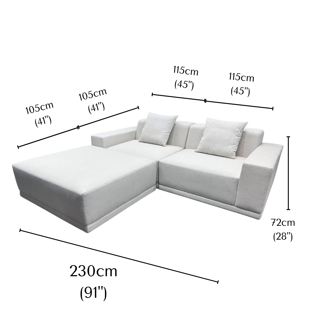 Solis Linen Modular Sofa with left chaise in beige linen fabric showing labeled dimensions 230cm width, 105cm depth, and 72cm height